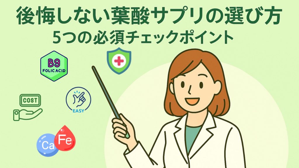 優しい緑背景のフラットイラスト。右に白衣の女性薬剤師が指し棒で解説し、左に5つの指標アイコン—B9（葉酸）、十字の盾（安全）、手とCOST（価格）、EASYの手ジェスチャー（続けやすさ）、水滴状のCaとFe（カルシウム・鉄）。