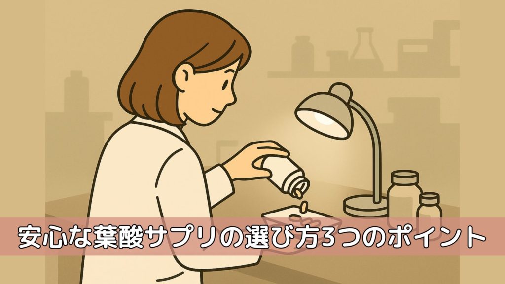白衣を着た女性が室内の作業台でサプリメントのボトルから錠剤を小さなトレーに出しているイラスト。デスクライトが手元を照らし、背景には実験器具や瓶がぼんやりと描かれている。画像中央に『安心な葉酸サプリの選び方3つのポイント』という文字が表示されている。