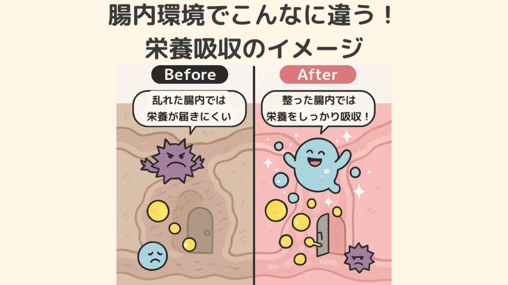 腸内環境の違いによる栄養吸収の比較イラスト。左のBeforeは乱れた腸内で栄養が届きにくく、紫の悪玉菌や悲しい表情のキャラクターが描かれている。右のAfterは整った腸内で栄養をしっかり吸収し、笑顔のキャラクターと輝く栄養がスムーズに吸収される様子が表現されている。