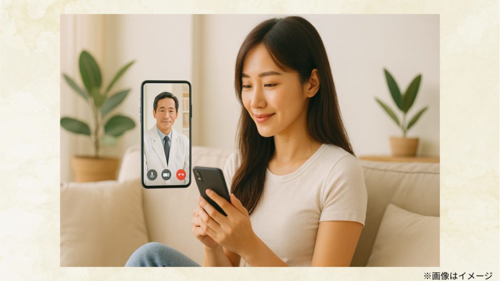 自宅のソファでスマホ越しに医師とビデオ通話する女性の実写イメージ。GLP-1オンライン診療の安心感と手軽さを表現。