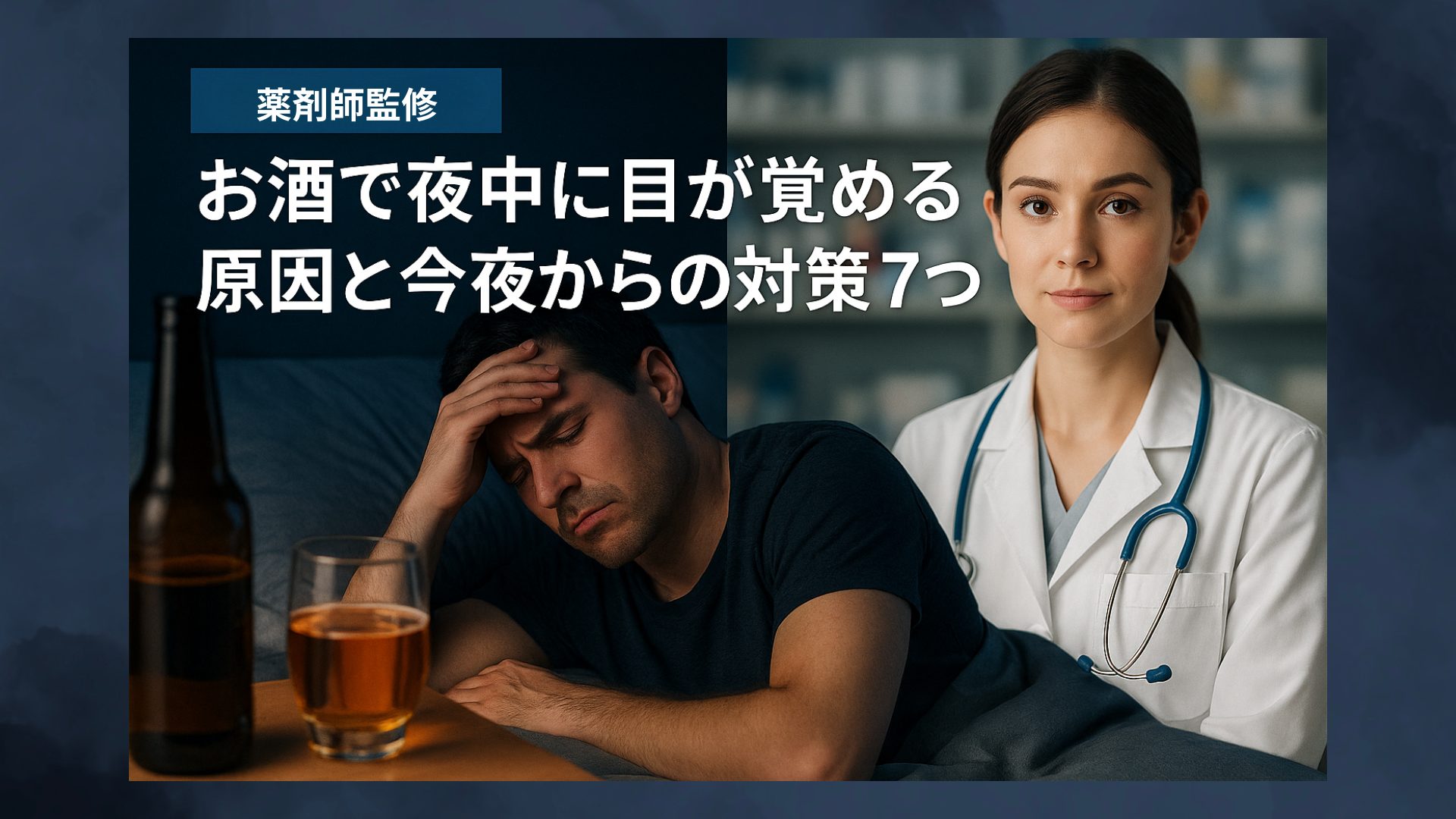 アルコールで夜中に目が覚める原因と対策7つを薬剤師監修で解説する記事のアイキャッチ｜お酒を飲んで不眠に悩む男性と白衣の医師