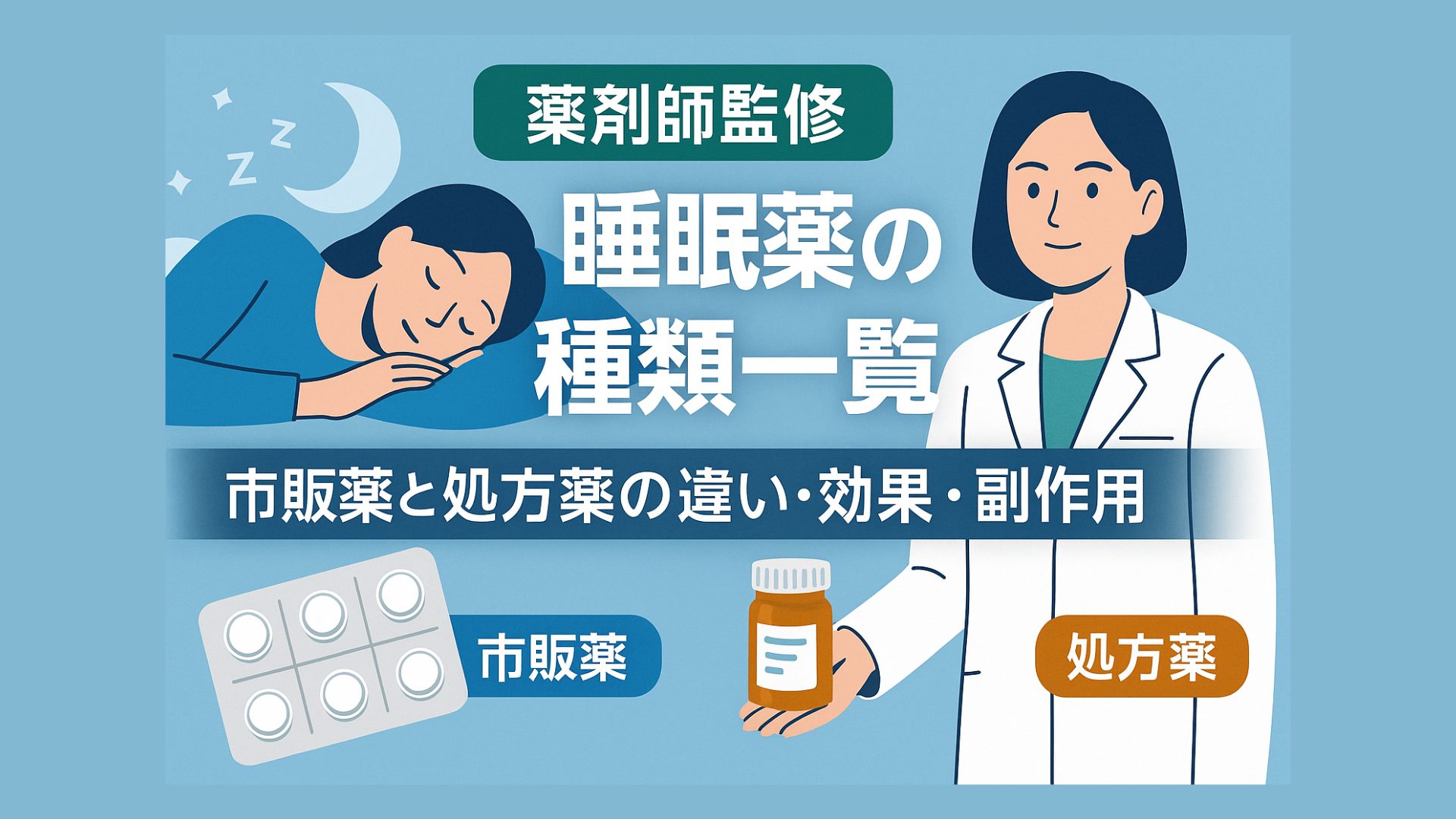 薬剤師監修「睡眠薬の種類一覧」のアイキャッチ。眠る女性と白衣の薬剤師、市販薬の錠剤シートと処方薬ボトルを描き、市販薬と処方薬の違い・効果・副作用を示す。
