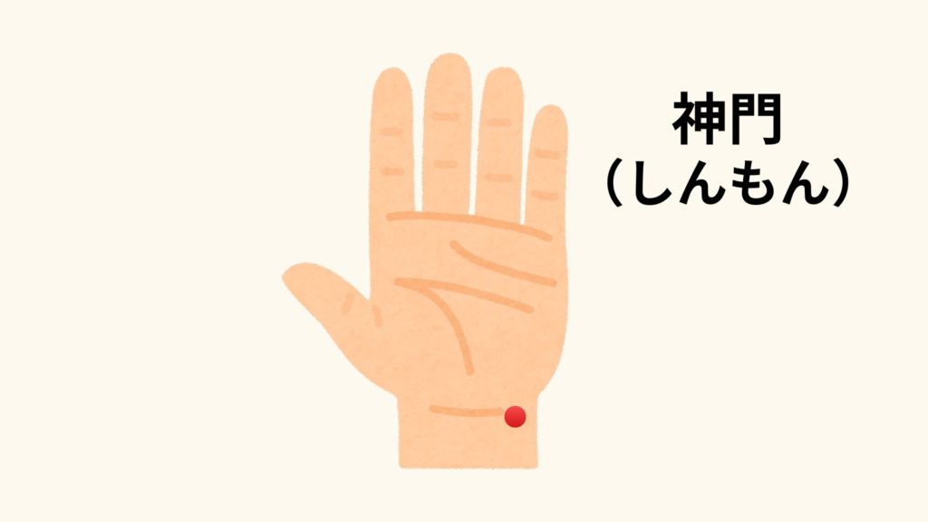 神門の位置：手首のしわの小指側、骨のきわのくぼみ