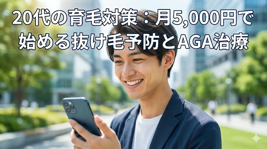 スマートフォンを見ながら笑顔で歩く20代男性と「20代の育毛対策：月5,000円で始める抜け毛予防とAGA治療」というテキスト