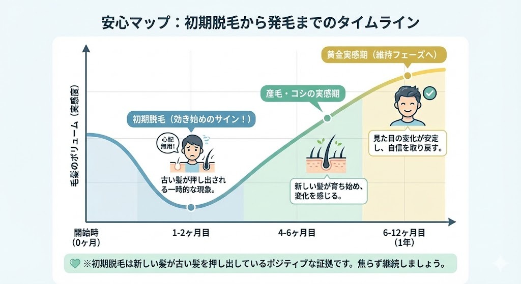 フィナステリドやミノキシジル治療における初期脱毛から発毛・維持期までの経過を示したタイムライン図。1〜2か月目の初期脱毛、4〜6か月目の発毛実感、6〜12か月での安定期を表している。