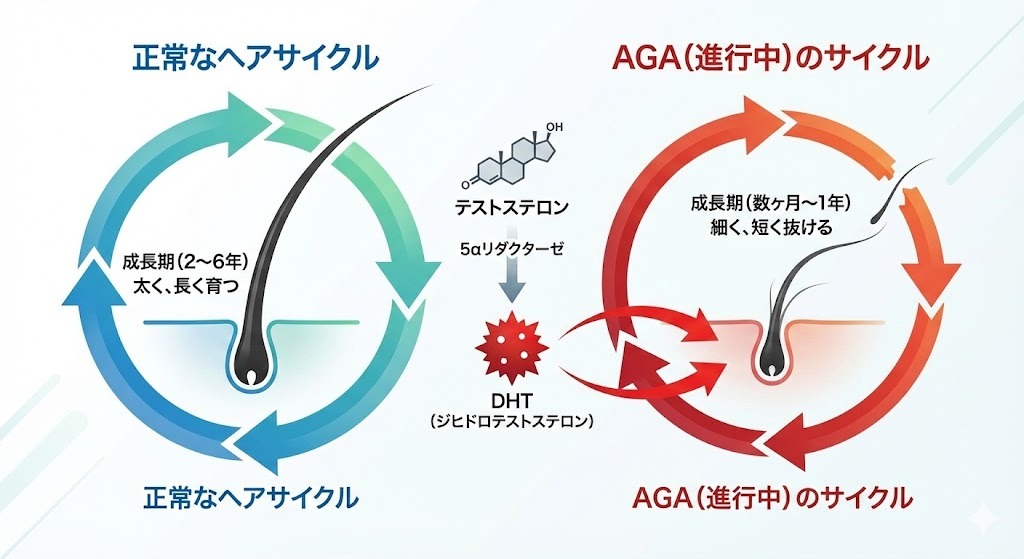 正常なヘアサイクルとAGA進行時のヘアサイクルを比較し、DHT（ジヒドロテストステロン）の影響を図解したイラスト