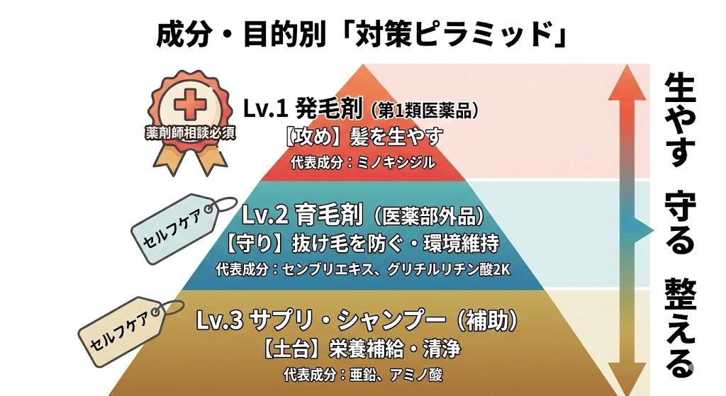発毛剤・育毛剤・サプリの役割を示した育毛対策ピラミッド図。ミノキシジルやセンブリエキスなど代表成分を解説