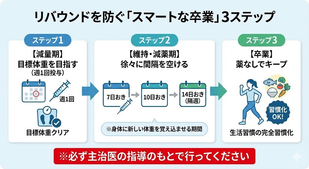 ンジャロのリバウンドを防ぐための減量期・維持減薬期・卒業の3ステップを示した図解