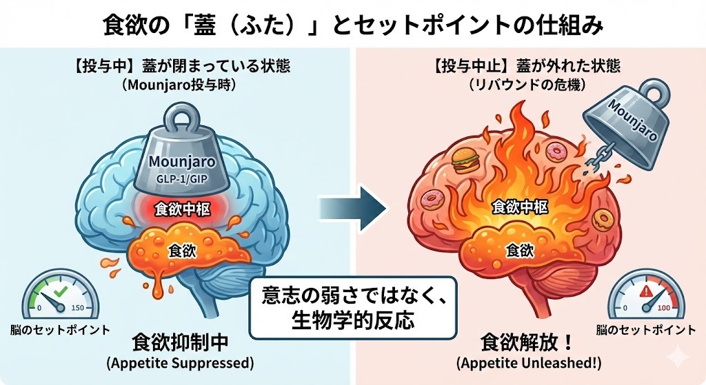 マンジャロ投与中と中止後で変化する食欲抑制と脳のセットポイントの仕組みを示した模式図