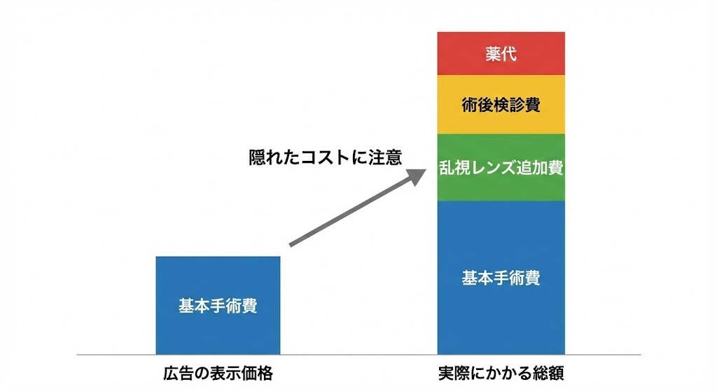 ICL手術費用の実質総額の内訳イメージ。基本手術費に加え、乱視レンズ代、術後検診費、薬代が積み上がっていく様子を示した図。