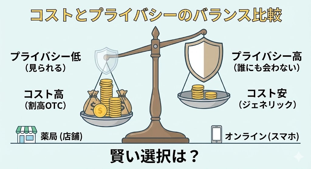 薬局での購入とオンライン診療の比較イラスト。薬局はコストが高くプライバシーが低い一方、スマホによるオンライン診療は安価でプライバシーが保護されていることを示すイメージ図。