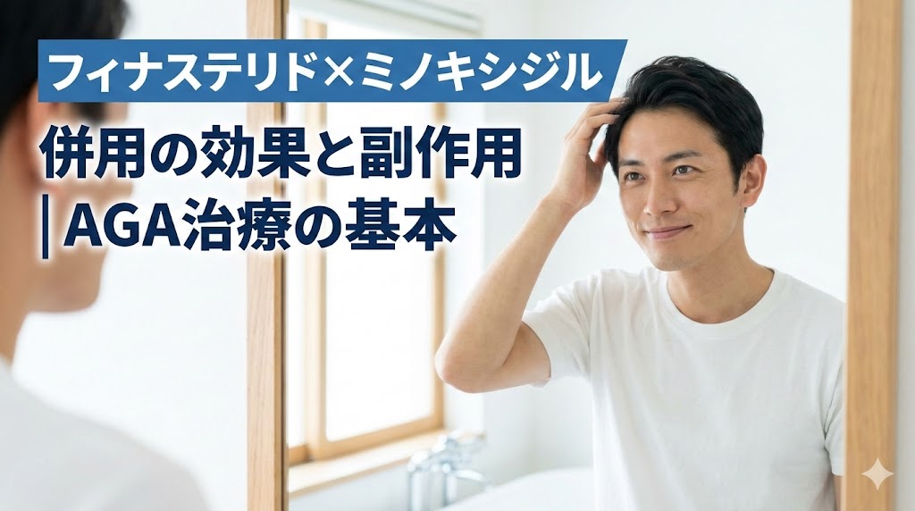 フィナステリドとミノキシジルの併用効果と副作用を解説するAGA治療の基本を示したアイキャッチ画像。鏡の前で髪を確認する男性。
