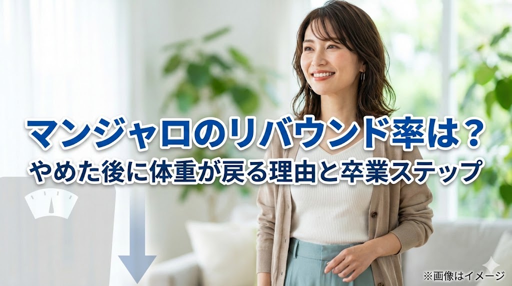 マンジャロ（チルゼパチド）中止後のリバウンド率と、体重が戻る理由・卒業ステップを解説するイメージ画像