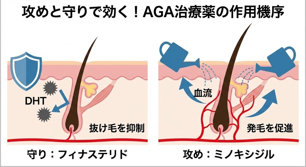 フィナステリドがDHTをブロックして抜け毛を抑制する作用と、ミノキシジルが血流を改善して発毛を促進する作用を示したメカニズム図