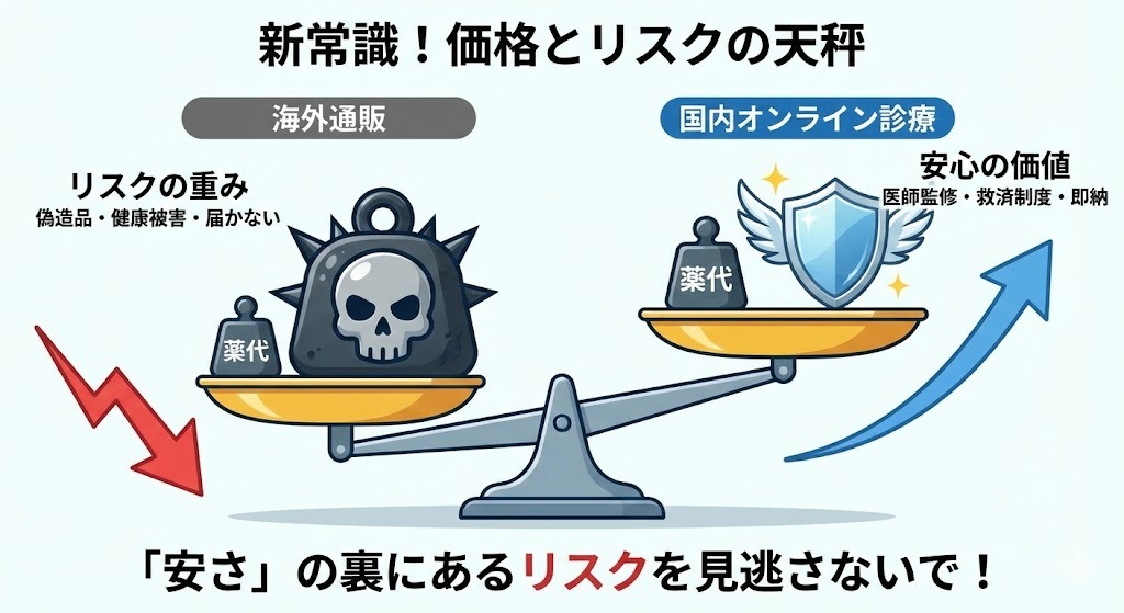 海外通販と国内オンライン診療のトータルコストとリスクを比較した天秤のイラスト。海外通販は薬代以外に巨大なリスクの重みで沈んでおり、国内オンライン診療は安心・安全のメリットにより釣り合っている様子を表現。