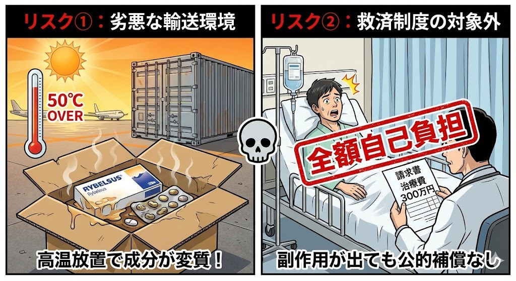 リベルサス個人輸入の危険性を描いたイラスト。左側は高温下での輸送による品質劣化リスク、右側は副作用発生時に医薬品副作用被害救済制度が適用されず高額な医療費が全額自己負担になるリスクを図解。