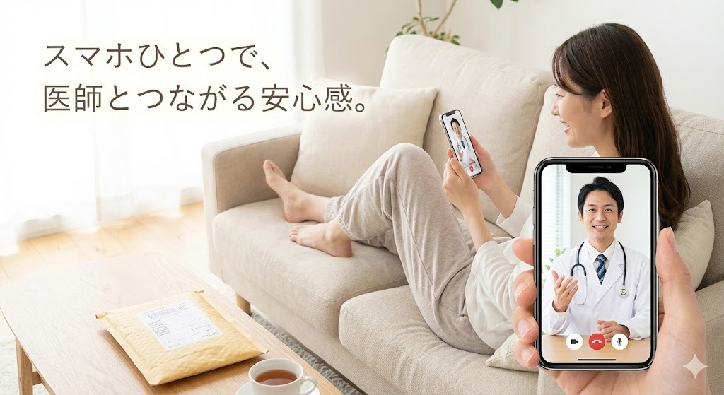 自宅のリラックスした環境でスマートフォンを使い、オンライン診療で医師の診察を受けている笑顔の女性の写真。手元には届いたばかりのリベルサスの梱包があり、手軽で安心な受診スタイルを表現。